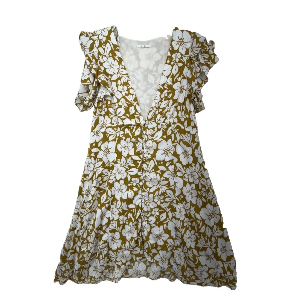 Tularosa Mini Dress Womens S Mustard White Floral Ruffle V-Neck Rayon Boho